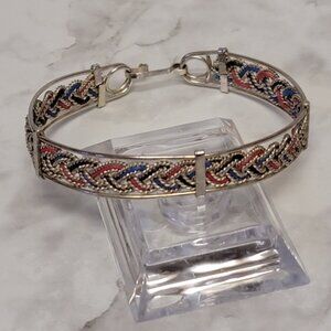 VTG MCM Braided Metal Bangle Bracelet Red Blue Black Silver Tone Woven Boho Gift